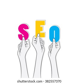 SEO text banner hold in hand design vector