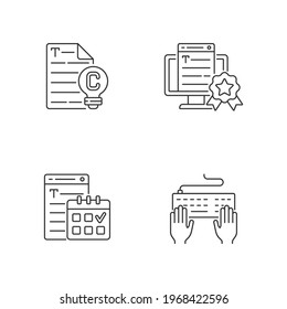 SEO text linear icons set. Original engaging content. Professional copywriting services. Customizable thin line contour symbols. Isolated vector outline illustrations. Editable stroke