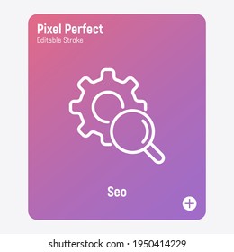 SEO thin line icon. Optimization of website. Gear under magnifier. Pixel perfect, editable stroke. Vector illustration.