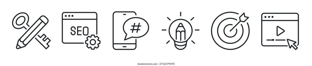 Conjunto de iconos de línea delgada SEO. Iconos mínimos de Web