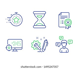 Seo, Time and Engineering line icons set. Timer, Reject certificate and Conversation messages signs. Search engine, Clock, Construction. Deadline management. Technology set. Vector