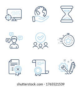 Seo, Time and Engineering line icons set. Diploma certificate, save planet, group of people. Timer, Reject certificate and Conversation messages signs. Search engine, Clock, Construction. Vector