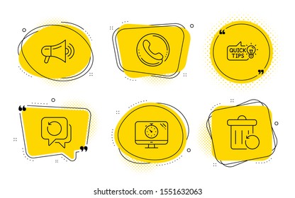 Seo timer, Call center and Recovery trash signs. Chat bubbles. Recovery data, Megaphone and Education idea line icons set. Backup info, Advertisement, Quick tips. Analytics. Technology set. Vector