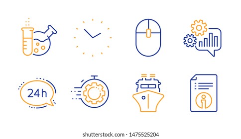 Seo timer, Cogwheel and Chemistry lab line icons set. Time, Ship and Computer mouse signs. 24h service, Technical info symbols. Cogwheel, Engineering tool. Technology set. Line seo timer icon. Vector