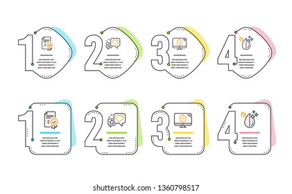 Seo timer, Heart and Certificate icons simple set. Dirty water sign. Analytics, Star rating, Verified document. Aqua drop. Business set. Infographic timeline. Line seo timer icon. 4 options or steps
