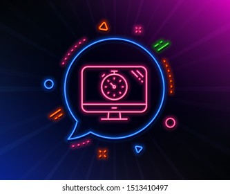 Seo timer line icon. Neon laser lights. Search engine optimization sign. Analytics symbol. Glow laser speech bubble. Neon lights chat bubble. Banner badge with seo timer icon. Vector