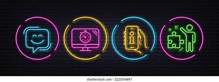 Seo timer, Support and Smile face minimal line icons. Neon laser 3d lights. Strategy icons. For web, application, printing. Analytics, Phone info, Chat. Business plan. Neon lights buttons. Vector