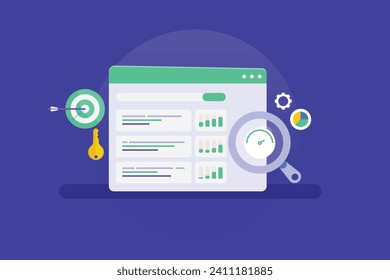 herramienta SEO, herramienta de investigación de palabras clave, análisis SEO de competidores, rendimiento del sitio web de monitoreo de software SEO - ilustración vectorial con iconos