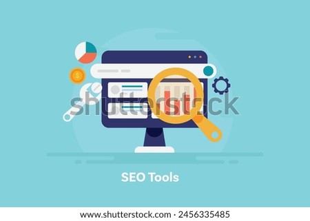SEO tools analyzing website ranking on search engine, Keyword research tool, Competitor analysis software - vector illustration with icons