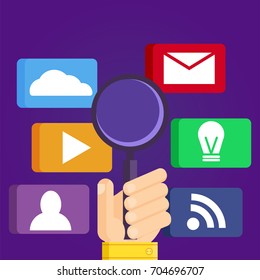 Seo tools banner. Hand with magnifier and icons with tools. Vector flat illustration
