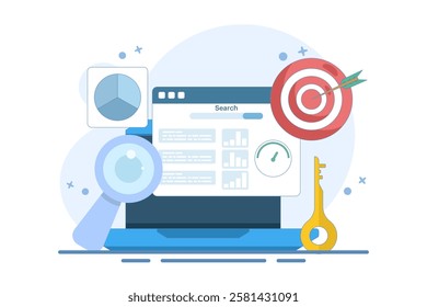 SEO Tools Concept, keyword research tool, competitor SEO analysis, SEO software that monitors website performance, flat design vector illustration with icons.