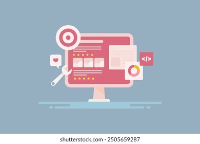 SEO tools for search engine optimization, Website ranking on search engine result page, SEO tags for higher ranking - vector illustration background with icons