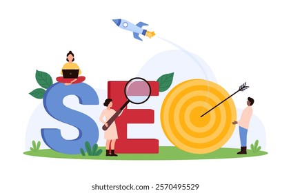 SEO tools, search engine optimization, target and rocket of online marketing strategy. Tiny people study letter of SEO word to optimize service and improve website traffic cartoon vector illustration