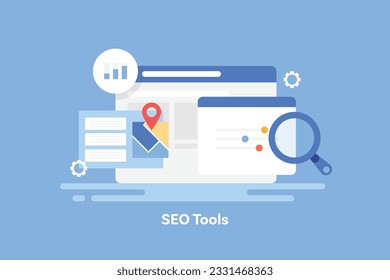 SEO tools for Website analysis. Business profile optimization app. Website SEO profile analysis - vector illustration with icons