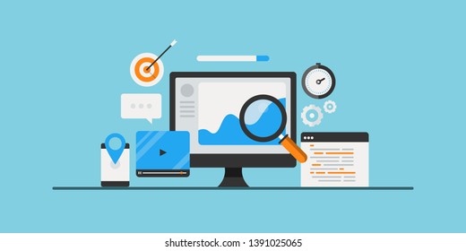 Seo Traffic Analysis, Successful Seo Campaign, Onpage And Off Page SEO, Flat Design Vector Conceptual Illustration On Light Background