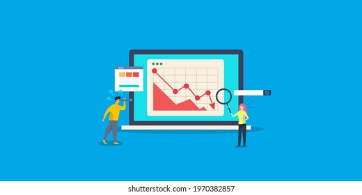 SEO traffic drops, drop in website traffic, SEO report analysis - conceptual flat design vector illustration with icons and characters