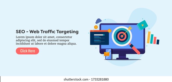 SEO Traffic, SEO Optimization, Website Target Marketing Strategy Flat Design Vector Banner With Icons And Texts On Isolated Background