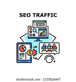 Seo Traffic Vector Icon Concept. Seo Traffic Researching Businessman And Developing Strategy For Increasing Audience And Money Profit. Internet Business And E-commerce Color Illustration