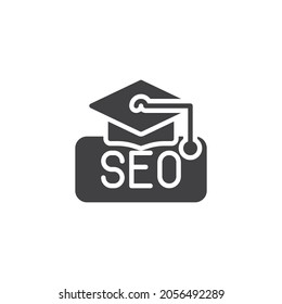 SEO training vector icon. filled flat sign for mobile concept and web design. SEO and graduation hat glyph icon. Symbol, logo illustration. Vector graphics