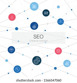 SEO trendy web template with simple icons. Contains such elements as Search engine, Target keywords, Web analytics, SEO monitoring