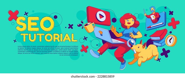 Tutorial-Banner-Vorlage. Zeitgenössische Vektorgrafik glücklicher weiblicher Charaktere, die Lernvideos auf Laptops anschauen, Informationen analysieren, Marketing studieren, Webseiten optimieren lernen
