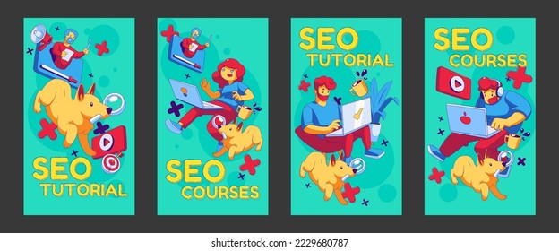 Seo tutorial posters. Digital concept with contemporary characters with laptops learning search engine optimization courses distantly via internet, Cartoon linear vertical vector banner templates