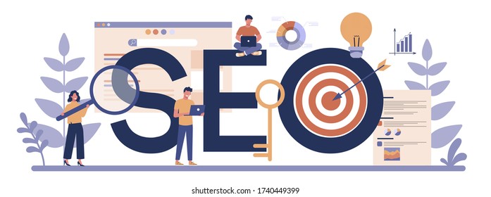 concepto de encabezado tipográfico SEO. Idea de optimización de motores de búsqueda para sitios web como estrategia de marketing. Promoción de páginas Web en Internet. Ilustración vectorial en estilo de caricatura