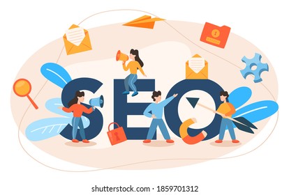 SEO typografische Header. Idee der Suchmaschinenoptimierung für Website als Marketingstrategie. Webseitenwerbung im Internet. Vektorgrafik im Cartographie-Stil