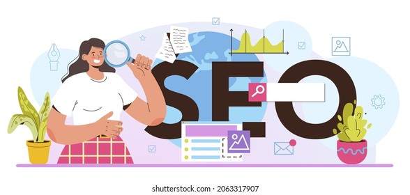 encabezado tipográfico SEO. Idea de optimización de motores de búsqueda para sitios web como estrategia de marketing. Promoción de páginas Web en Internet. Ilustración vectorial en estilo de caricatura