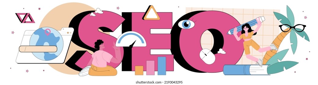 SEO typographic header. Idea of search engine optimization for business promotion. Web page advertising in the internet, site audit. Flat vector illustration