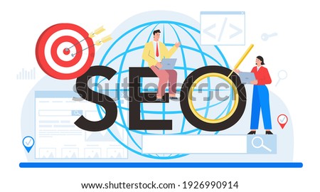 SEO typographic header. Idea of search engine optimization for website as marketing strategy. Web page promotion in the internet, development audit. Vector flat illustration