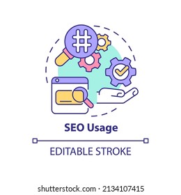 SEO usage concept icon. Digital promotion content optimization. Marketing trend abstract idea thin line illustration. Isolated outline drawing. Editable stroke. Arial, Myriad Pro-Bold fonts used