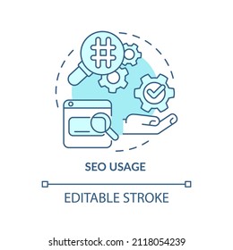 SEO Usage Turquoise Concept Icon. Digital Content Optimization. Marketing Trend Abstract Idea Thin Line Illustration. Isolated Outline Drawing. Editable Stroke. Arial, Myriad Pro-Bold Fonts Used