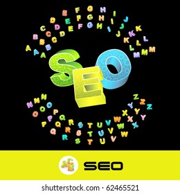 SEO. Ilustración vectorial 3d con alfabeto coloreado.