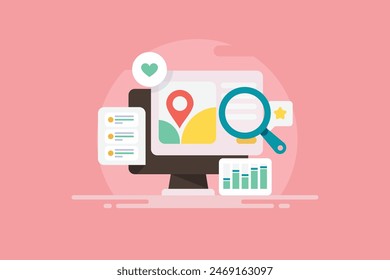 SEO vector background. Search engine result page, Search engine maps with business location, SEO analysis - vector illustration with icons