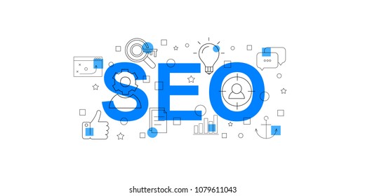 Seo vector banner. Word with line icon. Vector background