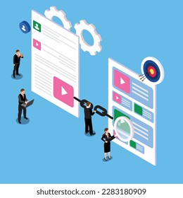 SEO vector business team analyzing link building on website isometric 3d vector illustration concept banner, website, landing page, ads, flyer template
