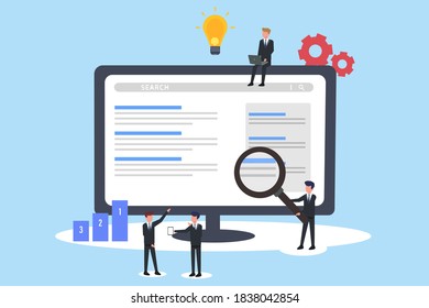 SEO-Vektorkonzept: Analyse der Website-Rangliste für Suchmaschinenoptimierung durch Geschäftsteam