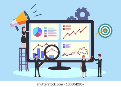 SEO vector concept: Business team analyzing search engine optimization graph on the computer