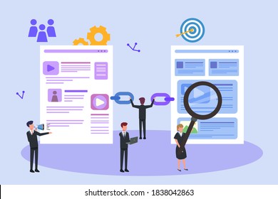 SEO vector concept: Business team analyzing link building on website for search engine optimization