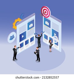 SEO vector concept: Business team analyzing link building isometric 3d vector concept for banner, website, illustration, landing page, flyer, etc.