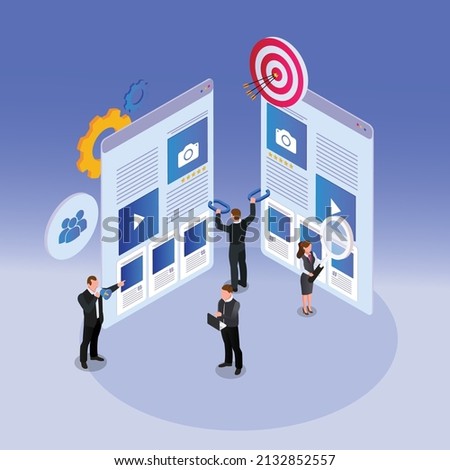 SEO vector concept: Business team analyzing link building isometric 3d vector concept for banner, website, illustration, landing page, flyer, etc.