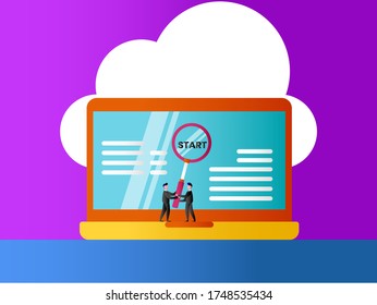 SEO vector concept: Businessmen using magnifying glass and zooming towards the "Start" text