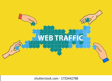 SEO vector concept: Hands assembling Web Traffic puzzle pieces 