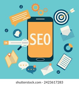 Ilustración de concepto de vector SEO. Conjunto de iconos de negocios de marketing digital. Resultado de la selección, el seguimiento y la búsqueda. Concepto moderno de diseño plano para web, aplicación o banner