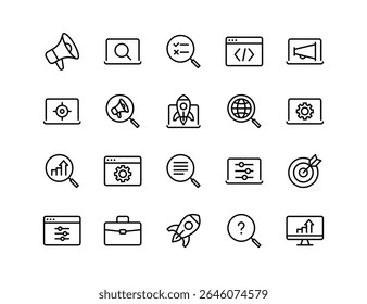 SEO Vector Icon Set | Adjustable Line Weight | Marketing, analytics, optimization, search, ranking, growth, keywords, rocket, traffic, coding, settings, strategy, target, results icons