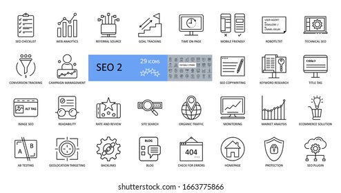 SEO vector icons. A collection of 29 editable strokes. Website promotion in search engines, analytics system, checking for technical errors, copywriting and blogging, tracking goals and conversions.