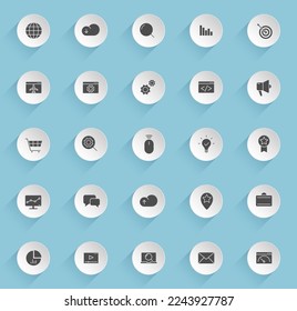 seo vector icons on round puffy paper circles with transparent shadows on blue background. seo stock vector icons for web, mobile and user interface design