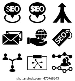 Seo vector icons. Pictogram style is black flat icons with rounded angles on a white background.