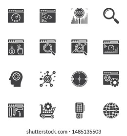 SEO vector icons set, modern solid symbol collection, filled style pictogram pack. Signs, logo illustration. Set includes icons as search engine optimization, coding window, speed test, global network